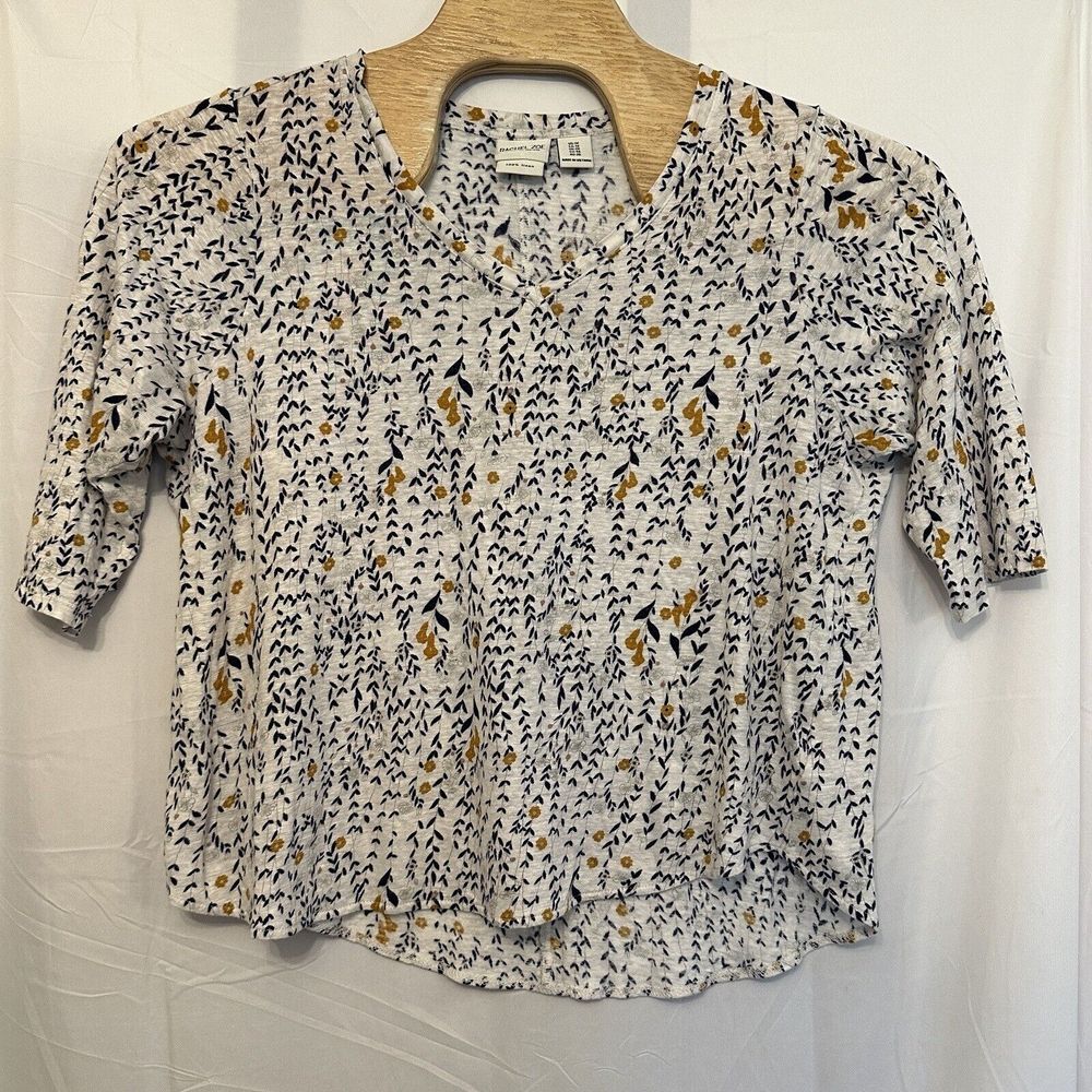 Rachel Zoe Women's Size 1XL Linen 3/4 Sleeve Floral V Neck Tunic Top Shirt‎
